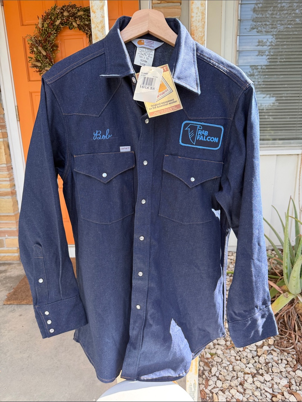 Carhartt Vintage RARE Indigo Denim Work Shirt with RB Falcon Patch Large 16.5 33